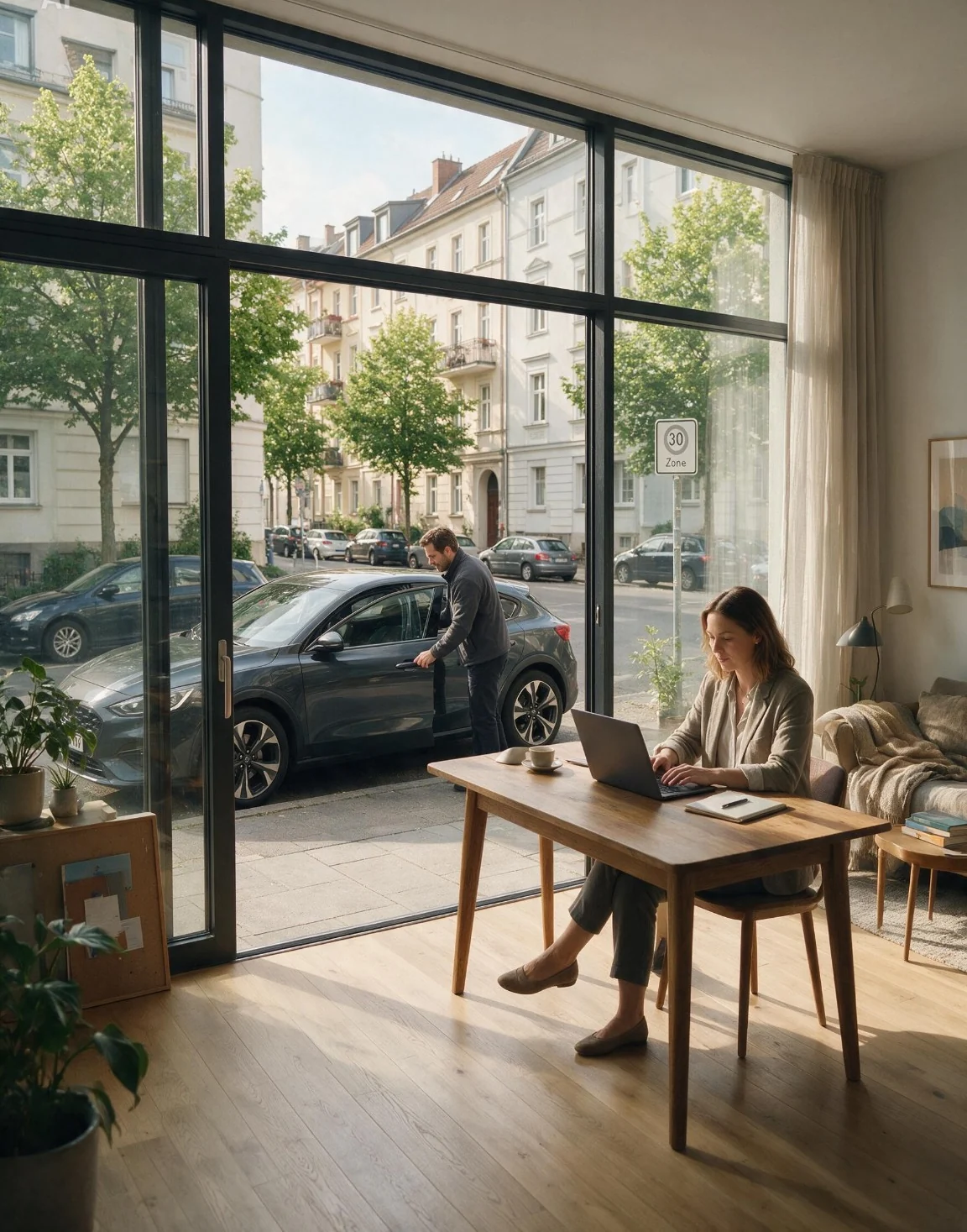 Illustration: Kundin arbeitet, während ihr Auto abgeholt wird